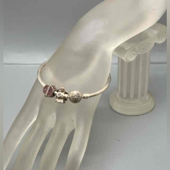 PANDORA  9.25  Silver stamped VINTAGE  7.25" Bangle Charm Bracelet 3 charms‎ - Picture 1 of 11
